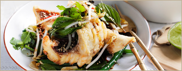 Crisp snapper and snake bean salad with Thai basil, soy and ginger recipe